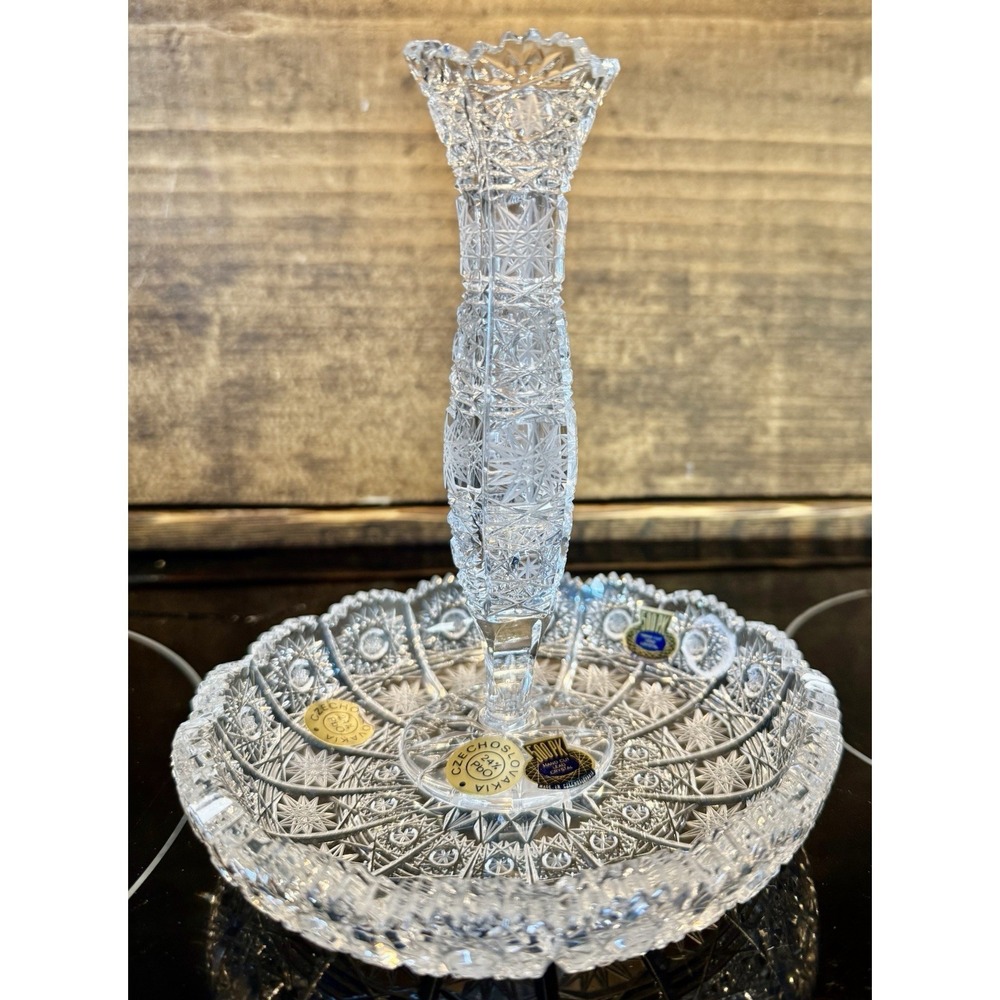 Vintage Czechoslovakia 24% Lead Crystal Hand Cut Vase & Bowl Set 500PK